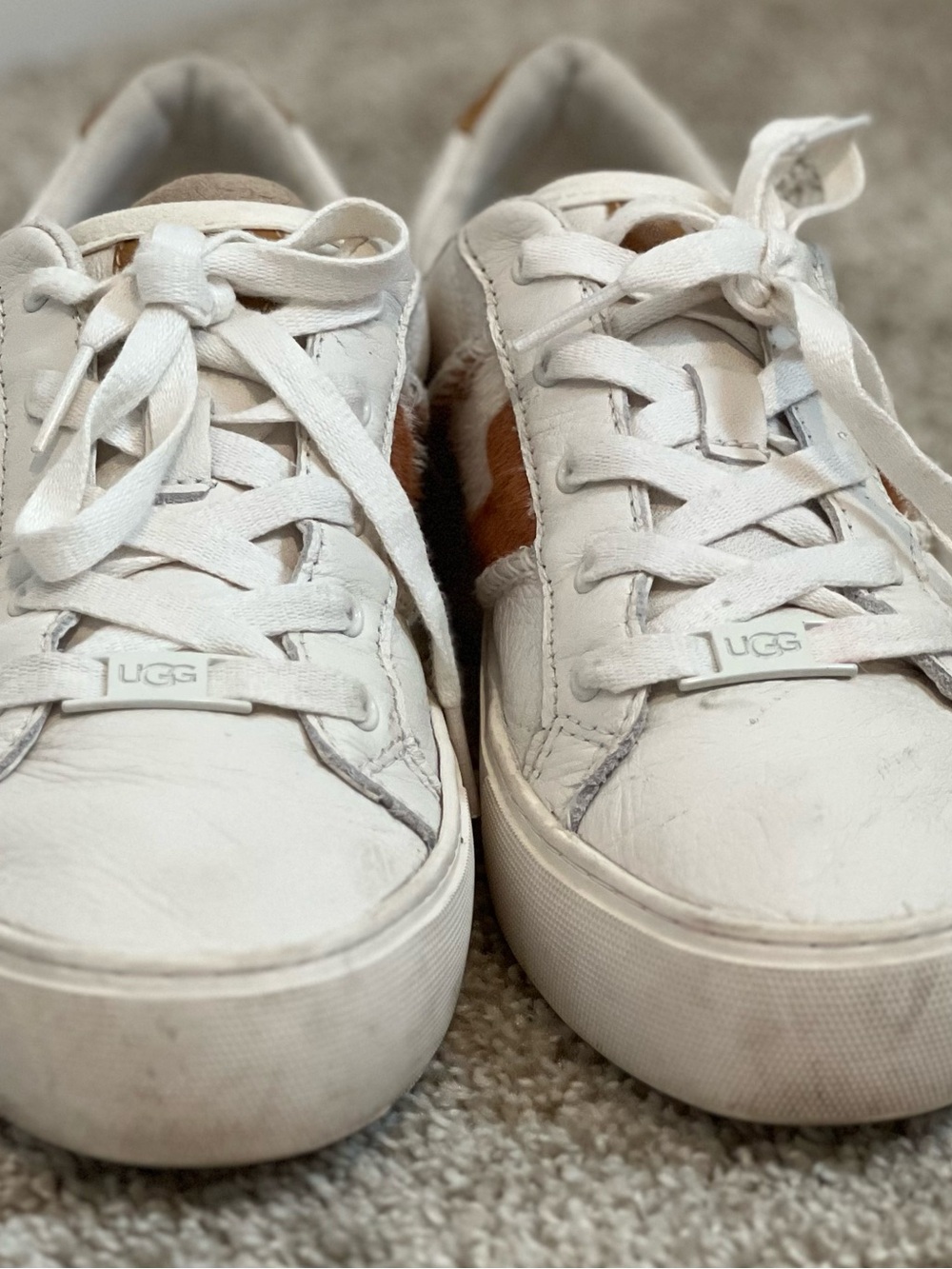 UGG Dinale White Leather Sneakers with Tan Side Detail